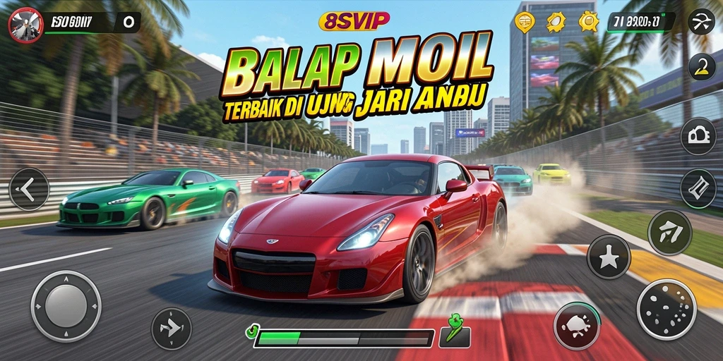 Screenshot gameplay menampilkan mobil balap melaju cepat di lintasan.
