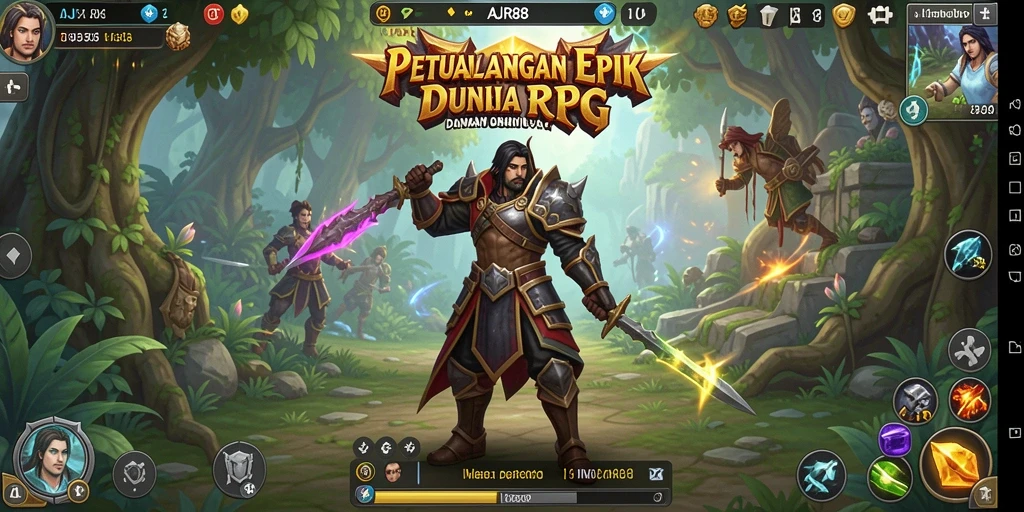 Tampilan utama gameplay RPG AJR88 dengan karakter dan pertarungan seru.