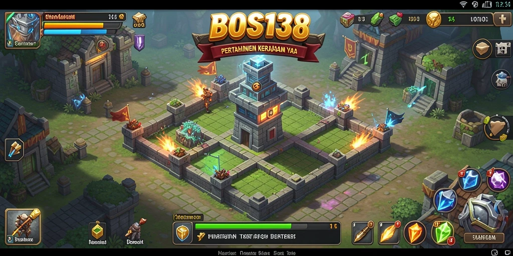 Screenshot gameplay menampilkan pertahanan menara yang strategis.