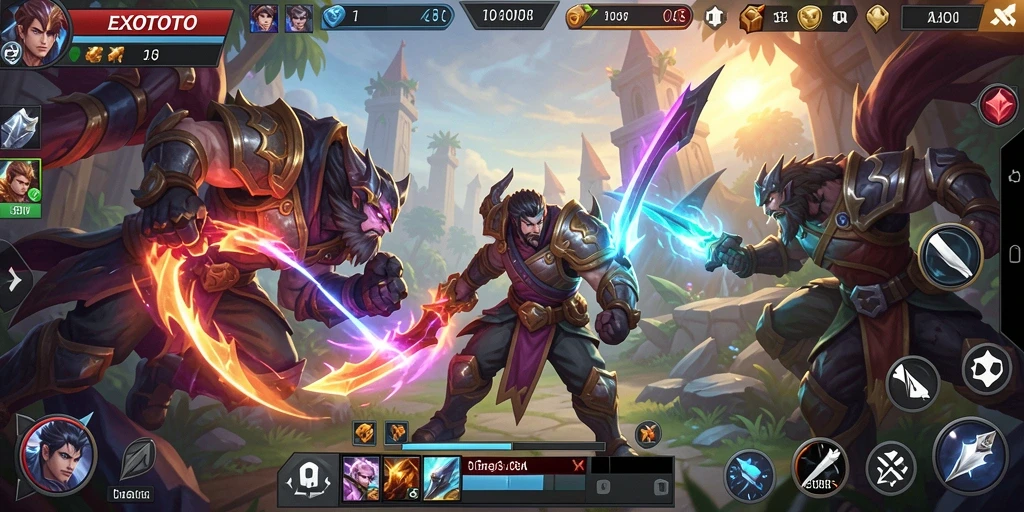 Screenshot gameplay seru di EXOTOTO, menunjukkan aksi di arena MOBA.
