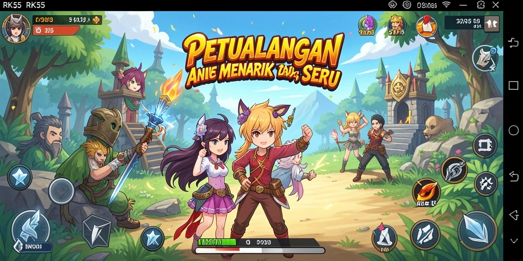 Tampilan gameplay RK55 yang epik dan menampilkan karakter anime terkenal.