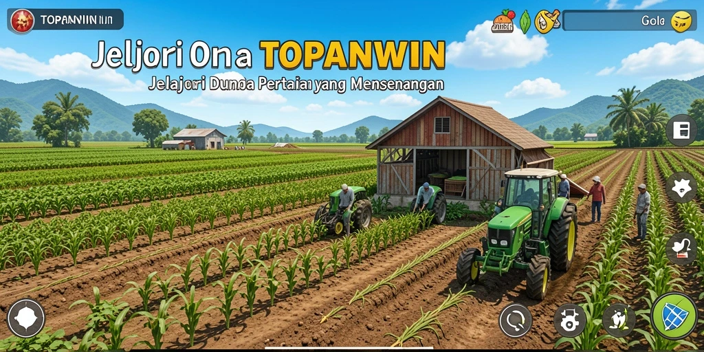 Screenshot gameplay <strong>TOPANWIN</strong> menampilkan petani merawat ladang mereka dengan gembira.