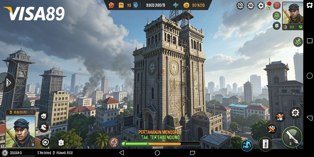 Tangkapan layar utama gameplay seru dari VISA89 yang menunjukkan pertahanan tower.